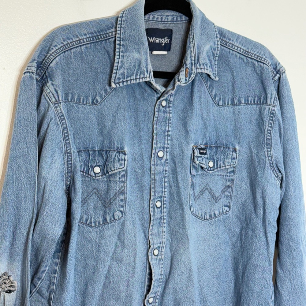 Wrangler Denim Western Shirt Light Wash Pearl Snap Distressed Men Size XL